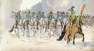 シャルル6世（1368-1422）のパリでの入場は、30のトランペットとともに行われる。個人蔵。
