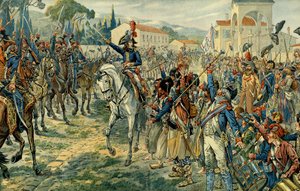 第一次イタリア遠征（1796〜1797年）。ナポレオン1世ボナパルト（1769-1821）は、1796年3月27日にニースでイタリア軍を閲兵した。ジャック・マリー・ガストン・オンフレー・ド・ブレヴィル（JOB）（1858-1931）によるイラスト。個人蔵