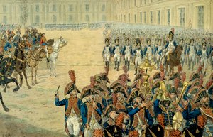 ナポレオン1世ボナパルト（1769-1821）によるチュイルリーの中庭での領事衛兵の初閲兵。1800年に憲法が採択されると、政府はペール＝リュクサンブールを離れてチュイルリーに居を構えました。彼が就任した日には、フィ 作： pseudonym for Onfray de Breville Jacques Job