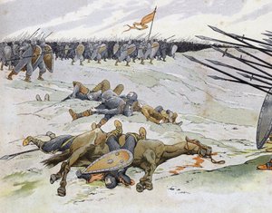 英仏戦争（1202年～1214年）：フィリップ・オーギュストのフランス軍とオトン4世のフランドル人とウェルフ人が戦った1214年7月27日のブヴィネスの戦いで死亡した兵士たち。 1896年の「France, its story told by G. Montorgueil, imagee by Job」で紹介されている。プライベートカンパニー 作： pseudonym for Onfray de Breville Jacques Job