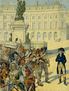 1789年のフランス革命。ナポレオン1世ボナパルト（1769-1821）は、1792年8月10日、倒される前のデジャルダンによるルイ14世（1638-1715）の像の近くで、パンティー（パンティーなし）の群衆に脅かされている（パリのヴィクトワール広場）。イラスト 作： pseudonym for Onfray de Breville Jacques Job