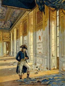 1789年のフランス革命。ナポレオン1世ボナパルト（1769-1821）がチュイルリー宮殿の玉座の間で、略奪した革命家たちが通過した後の様子。壁にはこう書かれている。"王国は廃止された"イラスト：ジャック・マリー・ガストン・オンフレー 作： pseudonym for Onfray de Breville Jacques Job