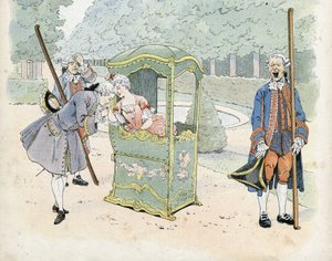 18世紀のフランスのギャランティー：車椅子に乗った女性の手にキスをする青年。個人のコレクションです。 作： pseudonym for Onfray de Breville Jacques Job