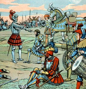 フランス国王フランソワ1世は、マリニャンの戦いの直後（14年9月）、バイヤールから騎士の称号を授かる。 作： pseudonym for Onfray de Breville Jacques Job