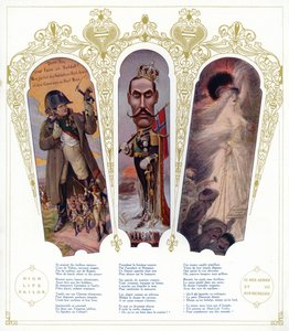 フランスの軍事訓練、ノルウェー国王ハーコン7世の風刺画、フランスのモロッコ人移民（カラーリトグラフ 作： pseudonym for Onfray de Breville Jacques Job