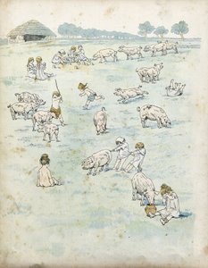 野原で豚と戯れるガリアの子供たち。1896年の「フランス、その物語はG.モントルグイユが語り、ジョブがイメージした」の中で。個人蔵。 作： pseudonym for Onfray de Breville Jacques Job