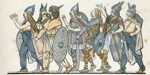 兜、剣、盾を持ったガリアの戦士たち。1896年の「フランス、その物語はG.モントルグイユによって語られ、イメージはジョブによって描かれた」にて。個人蔵。 作： pseudonym for Onfray de Breville Jacques Job