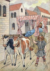 フランスの歴史。怠惰な王たちがおもちゃに乗っている様子を描いたシーン。フランス王ティエリー3世（673-691）は、牛に引かれたベッド付きの戦車で運ぶ。Joujoux a l