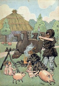 フランスの歴史。おもちゃを持った野蛮なガリア人のシーン：ガリア人とガリア人が家族を養うためにベトの皮を着て熊を料理する。"Joujoux à l