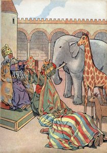フランスの歴史。シャルルマーニュの生涯をおもちゃで表現したシーン。カリフのハロン・アル・ラシッド（Haron-Al-Rachid）は、フランス王シャルルマーニュ（742-814）にキリン、ゾウ、時計を与える。Joujoux a l