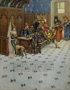 中世のフランスの歴史（中世）。ルイ（当時のフランス王ルイ11世「慎重派」と呼ばれる）の誕生（1423-1483年）。父王シャルル7世（1403年-1461年）に謁見する。ジャック・マリー・ガストン・オンフレー・ド・ブレヴィル（JOB）による挿絵（1858年 作： pseudonym for Onfray de Breville Jacques Job