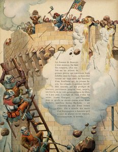 中世のフランスの歴史（中世編）。Jeanne Laisne dit Jeanne Hachette（1454年没）1472年にシャルル・ル・テメライ王がボーヴェの街を包囲した際に、他の女性たちと一緒に塔の上から煮えたぎる油を投げて街を守った人物 作： pseudonym for Onfray de Breville Jacques Job