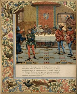 中世のフランスの歴史（中世）。ブルゴーニュ公フィリップ・ル・ボン（1396-1467）のテーブルには、招待したイルカのルイ（当時のフランス王ルイ11世は「思慮深い」と呼ばれていた）がいる。 作： pseudonym for Onfray de Breville Jacques Job