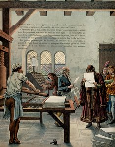 中世のフランスの歴史（中世編）。慎重派と呼ばれたフランス国王ルイ11世（1423-1483）は、印刷産業の発展を促した。国王はソルボンヌ大学を訪れ、タイポグラファーのウルリッヒ・ゲーリング（ゲリンチまたはゲルニヒ