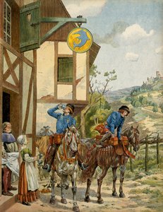 中世のフランスの歴史（中世）：慎重派と呼ばれたルイ11世（1423～1483）の時代の郵便業務。宿屋に駐屯する馬上の郵便。ジャック・マリー・ガストン・オンフレー・ド・ブレヴィルdit JOB（1858-1931）の挿絵