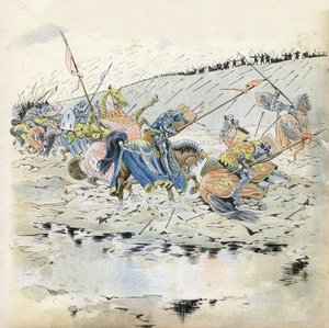 百年戦争：「1415年10月25日のアジンクールの戦い」。ヘンリー5世（1387-1422）の軍勢に敗れたフランス軍。"France, his story told by G. Montorgueil, imagee by Job" 1896年。個人蔵。 作： pseudonym for Onfray de Breville Jacques Job