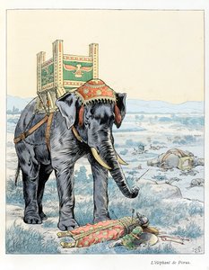 A Fabreが文、Jacques Marie Gaston Onfray de Breville dit JOB (1858-1931)が絵を描き、Maison Alfred Mame et filsが出版した書籍「A la gloire des betes」の挿絵。ポルスの象（紀元前328年のヒダスペの戦いで、ポルスが敗れて