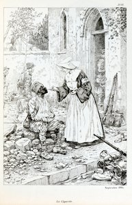 書籍「La Grande Guerre par les artistes」に掲載されたイラスト。ジャック・マリー・ガストン・オンフレー・ド・ブレヴィル（JOB）（1858-1931）の「La cigarette septembre 1914（1914年7月のたばこ）」は、負傷した兵士にたばこを渡す宗教的なもので、コレクション・パルティアールに所蔵されています。 作： pseudonym for Onfray de Breville Jacques Job