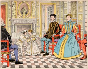 ジャック・マリー・ガストン・オンフレー・ド・ブレヴィル（JOB）（1858-1931）が描いた「Le bon roy Henri」という本の挿絵。アントワーヌ・ド・ブルボンが彼をパリに連れて行き、いとこのアンリ2世に紹介し、アンリ2世は彼に娘のマルグリット・ド・マルグリットの手を差し伸べた。 作： pseudonym for Onfray de Breville Jacques Job
