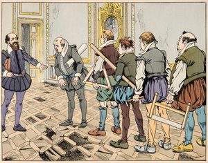ジャック・マリー・ガストン・オンフレー・ド・ブレヴィルdit JOB（1858-1931）が挿絵を描いた書籍「Le bon roy Henri」からの挿絵。厳しい経済状況を示すサリー（マクシミリアン・ド・ベスーン） - 個人蔵 作： pseudonym for Onfray de Breville Jacques Job
