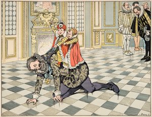 Jacques Marie Gaston Onfray de Breville dit JOB (1858-1931)が描いた「Le bon roy Henri」の挿絵。スペイン大使の前で、子供たちと遊ぶアンリ4世 - 個人蔵