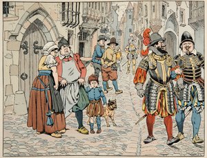 ジャック・マリー・ガストン・オンフレー・ド・ブレヴィル（JOB）（1858-1931）が挿絵を描いた書籍「Le bon roy Henri」から引用したイラスト。助けに来た外国軍を悪い目で見るパリジャンたち - 個人蔵