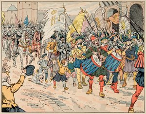 ジャック・マリー・ガストン・オンフレー・ド・ブレヴィル（JOB）（1858-1931）が挿絵を描いた書籍「Le bon roy Henri」から引用したイラスト。1594年3月21日、パリでアンリ4世に謁見 - 個人蔵 作： pseudonym for Onfray de Breville Jacques Job