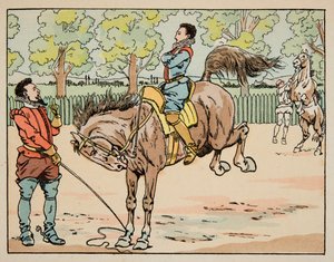 ジャック・マリー・ガストン・オンフレー・ド・ブレヴィル（JOB）（1858-1931）が描いた「Le bon roy Henri」から引用したイラスト。16世紀に行われた乗馬教育 - 個人蔵 作： pseudonym for Onfray de Breville Jacques Job