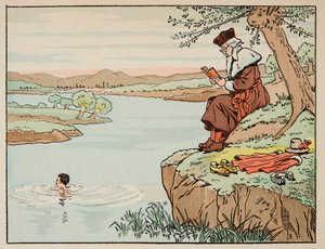 Jacques Marie Gaston Onfray de Breville dit JOB (1858-1931)が描いた「Le bon roy Henri」から引用したイラスト。16世紀の教育：水泳 - 個人蔵