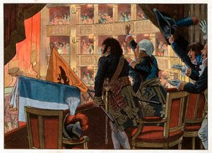 フィレンツェの劇場ホールで、ヨアヒム・ムラット（1767-1815）とロシア大使が、現在の最大の喜びをもって旗を合わせている。ジャック・マリー・ガストン・オンフレー・ド・ブレヴィル・ディット・ジョブ（1858-1931）による版画 作： pseudonym for Onfray de Breville Jacques Job