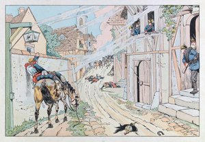 Jacques Marie Gaston Onfray de Breville dit JOB (1858 - 1931); イラストは "Les epees de France "から引用。1870年のプロイセン戦争のエピソード、モルスブロンの村で第9キュイラッシェが行った攻撃、コル、パート 作： pseudonym for Onfray de Breville Jacques Job