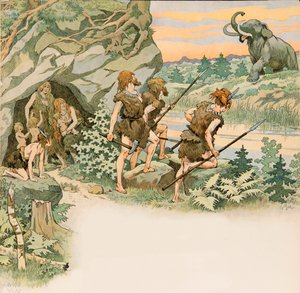 Jacques Marie Gaston Onfroy de Breville dit JOB (1858-1931) - 先史時代、マンモスの襲撃から家族を守る洞窟の男たち、プライベート・コレクション 作： pseudonym for Onfray de Breville Jacques Job