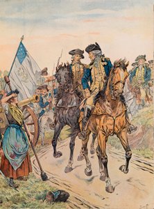 Jacques Marie Gaston Onfroy de Breville dit JOB (1858-1931) - ジョージ・ワシントンが独立戦争中の1778年6月28日、モンマスの戦いでモリーピッチャーを渡したときの写真、Private Collection