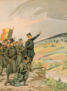 Jacques Marie Gaston Onfroy de Breville dit JOB (1858-1931) - ベルギーの歴史。第一次世界大戦中、ドイツ軍の侵攻に立ち向かうアルベール国王（1875-1934）とベルギー軍、個人蔵 作： pseudonym for Onfray de Breville Jacques Job