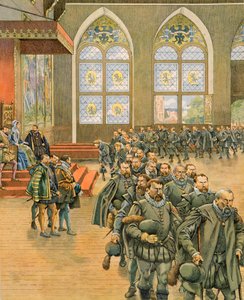 Jacques Marie Gaston Onfroy de Breville dit JOB (1858-1931) - ベルギーの歴史。1566年、フィリップ2世（1527-1598）の下でオランダを統治していたマルグリット・ド・パルマ（1522-1586）に対し、グー家の人々が丁重な勧告を行っている（個人蔵）。