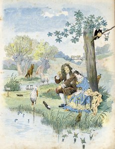 ジャン・ド・ラ・フォンテーヌ（ラフォンテーヌ）（1621-1695）が少女に語りかけている。二人の周りには、狼、子羊、コウノトリ、亀、ネズミ、カエル、ウサギ、キツネ、カラスなど、詩人の寓話に登場する動物たちが描かれています。P 作： pseudonym for Onfray de Breville Jacques Job