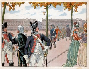 1791年、王の憲兵隊の衣装を身にまとったジョアヒム・ムラット（1767-1815）とベシエールのパリでの姿。ジャック・マリー・ガストン・オンフレー・ド・ブレヴィル・ディット・ジョブ（1858-1931）によるエングレーヴィング 作： pseudonym for Onfray de Breville Jacques Job
