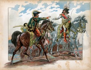1807年のハイルズベルグの戦いで、ヨアヒム・ムラット（1767-1815）とアントワーヌ・シャルル・ルイ・ド・ラ・サール（ラサール）将軍（1775-1809）が戦った。ジャック・マリー・ガストン・オンフレー・ドゥ・ブレヴィル・ディット・ジョブ（1858-1931）のエングレーヴィング 作： pseudonym for Onfray de Breville Jacques Job