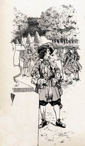 ソレイユ王と呼ばれるフランス国王ルイ14世（1638-1715）と廷臣たち（ヴェルサイユの庭園にて）。"Les grands mots historiques du pays de France "という本のためのジョブ（ジャック・マリー・ガストン・オンフレー・アンド・ブレヴィル）（Jacques-Marie）（1858-1931）の挿絵 作： pseudonym for Onfray de Breville Jacques Job