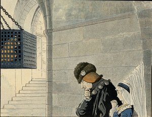 国王ルイ11世（1423-1483）は、1469年に国王への反逆を企てた罪で鉄の檻に閉じ込められた囚人ジャン・バルー（1421-1491）を訪問します。1896年の「G. Montorgueilが語るフランス、その物語、Jobが描く」に掲載されています。個人のコレクションです。 作： pseudonym for Onfray de Breville Jacques Job