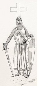 十字軍の衣装を着たルイ9世（1214-1270）の騎士。ジョブ（ジャック・マリー・ガストン・オンフレー・アンド・ブレヴィル）（Jacques-Marie）（1858-1931）のイラスト。"Les grands mots historiques du pays de France "という本のために1915年に描かれたもの。Privee Collection。