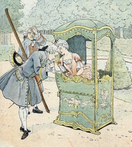 18世紀の貴族の女性、ポーターがキスの手を受け取る椅子に座っている 作： pseudonym for Onfray de Breville Jacques Job