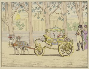 世界の支配者である彼は、最も幸せな父親である。イタリア王がヤギの引く馬車に乗って第一歩を踏み出すのを見守るナポレオン