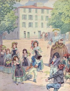 コルシカ島アジャクシオの自宅前で仲間と争う子供時代のナポレオン・ボナパルト（1769-1821）、1910年頃（カラーリトグラフ 作： pseudonym for Onfray de Breville Jacques Job
