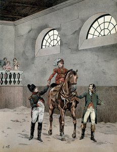 ナポレオン1世ボナパルト（1729-1821）は、オーストリアのマリー・ルイーズ（1791-1847）の乗馬レッスンを受けていた。ジョルジュ・モントルグイユの『ナポレオン』より。ジャック・マリー・ガストン・オンフレー・ド・ブレヴィル（JOB）（1858-1931）による挿絵 作： pseudonym for Onfray de Breville Jacques Job