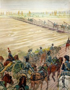1805年10月1日、ライン川を通過するナポレオン1世ボナパルト（1769-1821）とその軍勢。ジョルジュ・モントルグイユの「ナポレオン」より。ジャック・マリー・ガストン・オンフレー・ド・ブレヴィル（JOB）（1858-1931）による挿絵 作： pseudonym for Onfray de Breville Jacques Job
