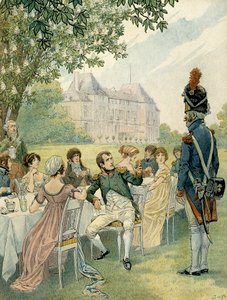 マルメゾン城の庭園で昼食をとるナポレオン1世ボナパルト（1769-1821）。ジャック・マリー・ガストン・オンフレー・ド・ブレヴィル（JOB）（1858-1931）によるイラスト。個人蔵 作： pseudonym for Onfray de Breville Jacques Job