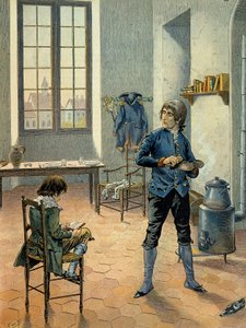 ナポレオン1世ボナパルト（1769-1821）がオーソンヌの駐屯地で、弟のルイ・ボナパルト（1778-1846）と一緒に1788年から1789年の間に読書をしている様子。ジャック・マリー・ガストン・オンフレー・ド・ブレヴィル（JOB）（1858-1931）による挿絵 作： pseudonym for Onfray de Breville Jacques Job