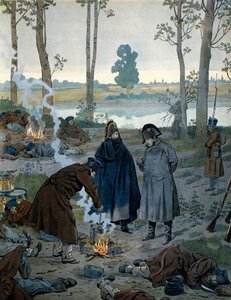 1815年、ワーテルローの戦いの前夜のビバークでのナポレオン1世ボナパルト（1769-1821）。ジョルジュ・モントルグイユ著「ナポレオン」より。ジャック・マリー・ガストン・オンフレー・ド・ブレヴィル（JOB）（1858-1931）による挿絵