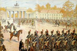 1806年10月27日、ナポレオン1世ボナパルト(1769-1821)とその軍勢がベルリンに入城した。ジョルジュ・モントルグイユの「ナポレオン」にて。ジャック・マリー・ガストン・オンフレー・ド・ブレヴィル（JOB）（1858-1931）による挿絵 作： pseudonym for Onfray de Breville Jacques Job